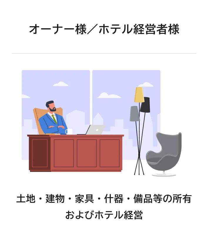オーナー様/ホテル経営者様　土地・建物・家具・什器・備品等の所有およびホテル経営